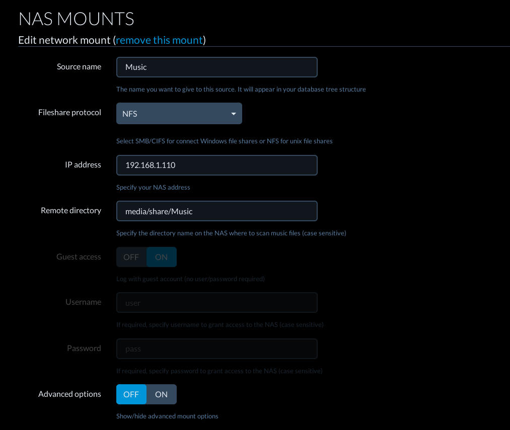 RuneAudio Storage Settings