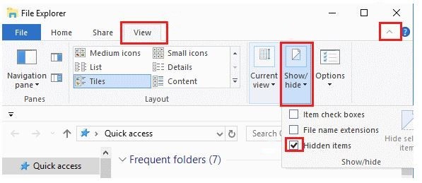 hidden-file-explorer File Explorer menu in Windows 10.