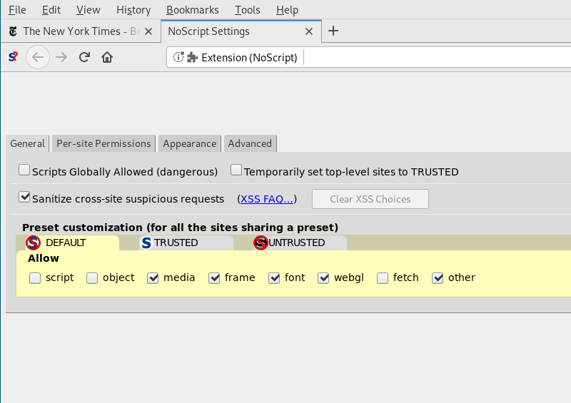 NoScript advanced menu NoScript advanced menu