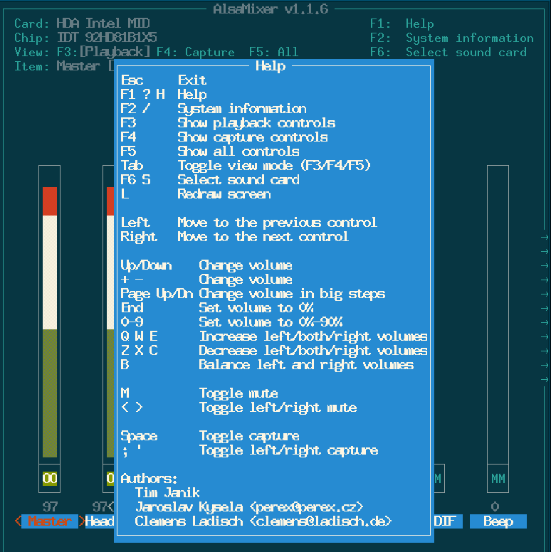 Alsamixer help dialogue Alsamixer help dialogue
