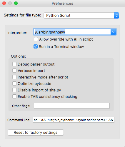 The Python Launcher Preferences menu.