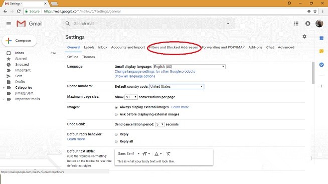 Gmail location for filters and blocked addresses
