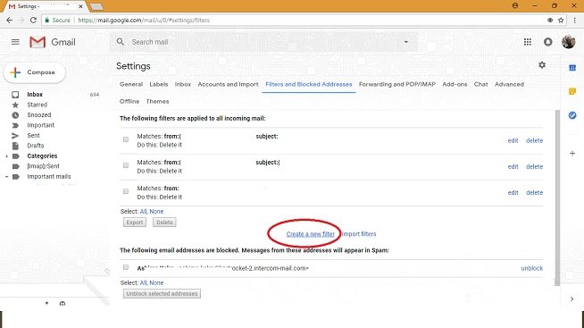 Hovering over the text - "Create a new filter" in Gmail