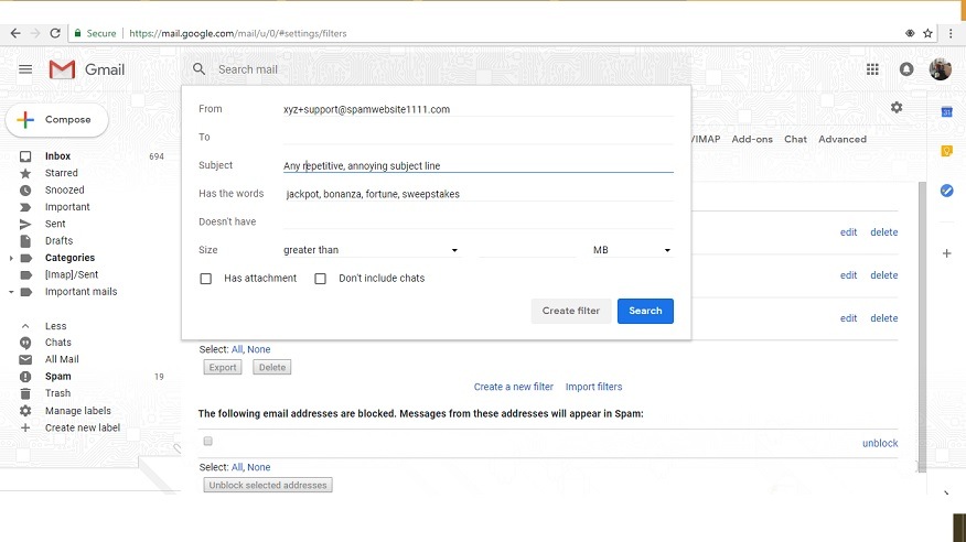 Sample Gmail filter with alias entry