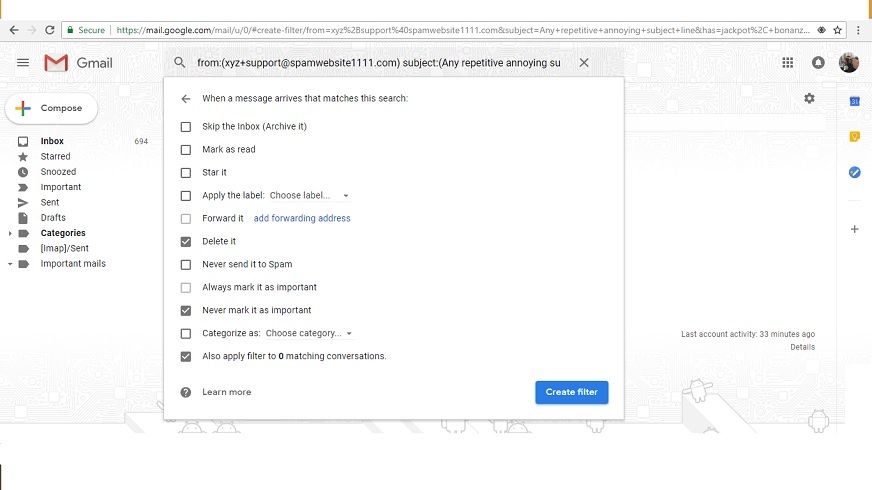Filter spam email for deletion