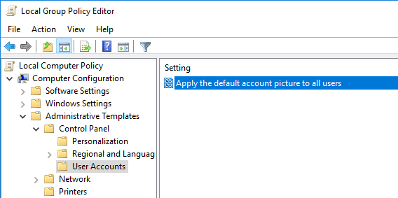 Local Group Policy Editor setting for applying the default account picture to all users. 