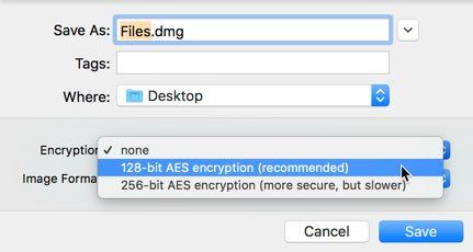 Selecting an encryption level in Disk Utility.