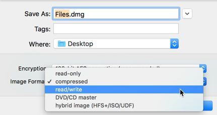 Selecting a disk image format in Disk Utility.