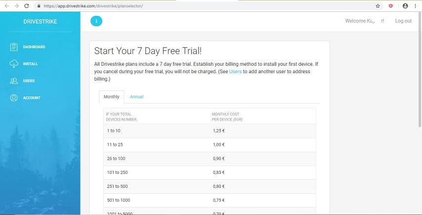 Welcome screen of Drivestrike remote wipe laptop software