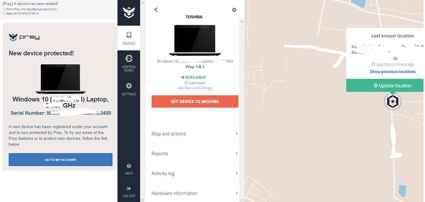 Prey 1.8.1 Locating the target device on a dashboard map