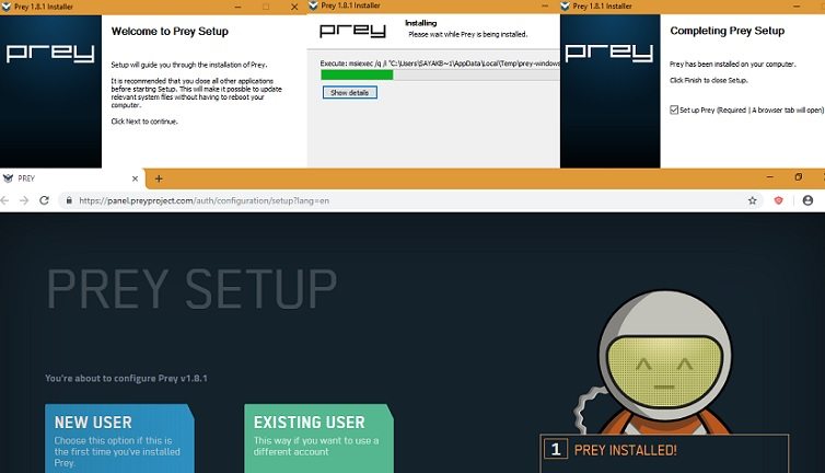Prey-1.8.1 Target PC Installation and Dashboard Setup Screens