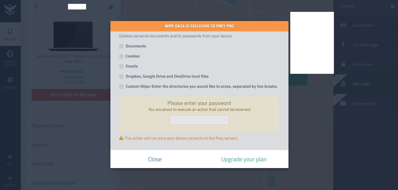 Remote wipe laptop with Prey 1.8.1