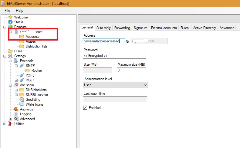 New email address set up with hMailServer