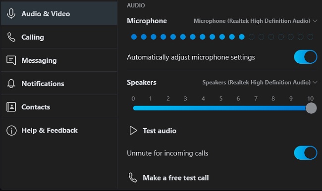 Skype call adjusting microphones and speakers on laptop