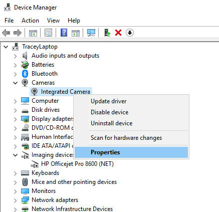 webcam-troubleshooting-camera-properties Device Manager with cameras expanded and properties selected.