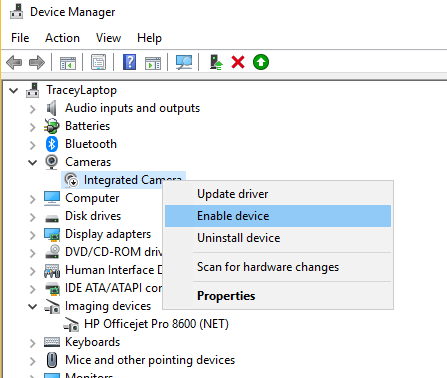 webcam-troubleshooting-enable-device Fix webcam not working by enabling it in Device manager.
