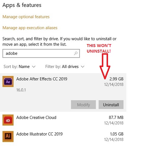 Adobe After Effects Failure to Uninstall