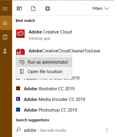 Adobe Creative Cloud Cleaner Run as Admin