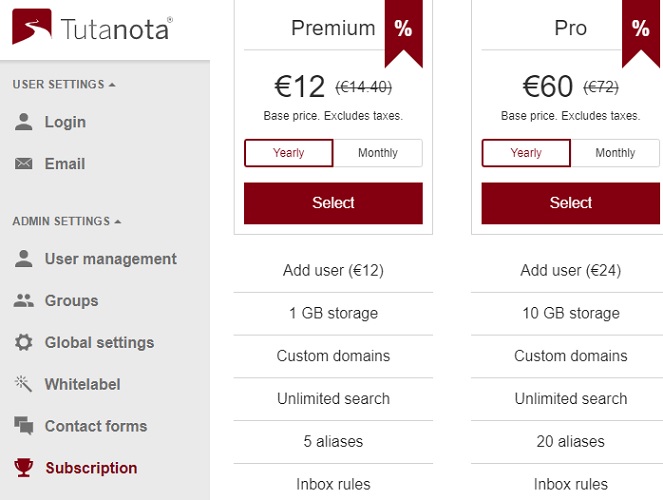 Tutanota Pricing Comparison