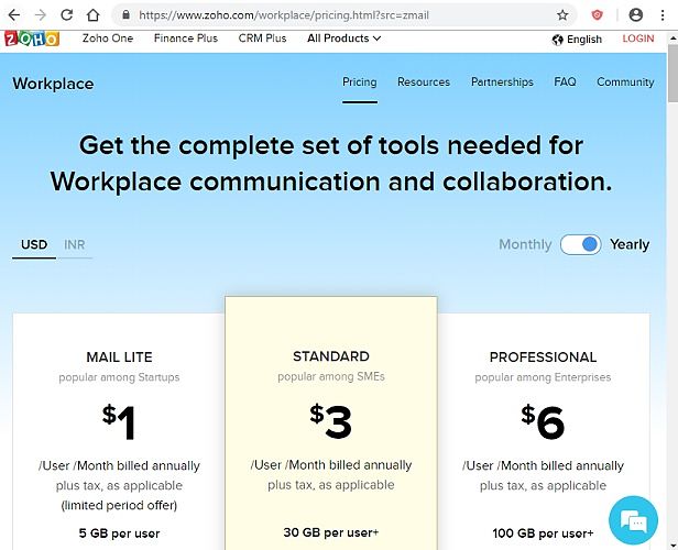 Zoho Mail Plans Pricing Comparison