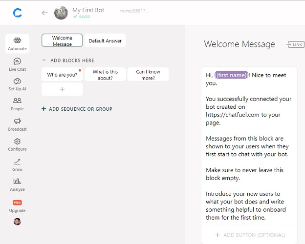 Automate replies on Chatfuel