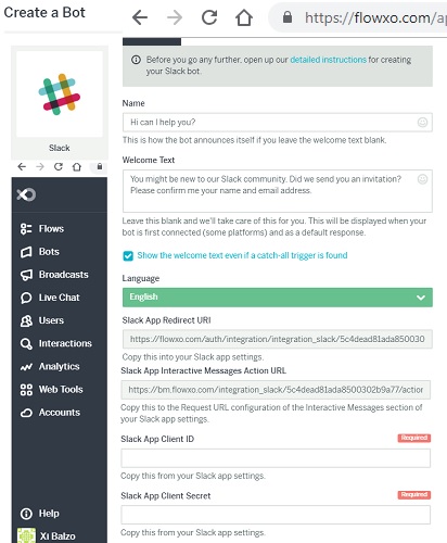 Create Slack bot in Flowxo