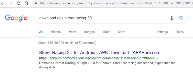 Google search for APK for example game