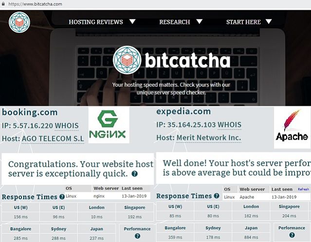 Web server response time Booking.com (Nginx) vs. Expedia.com (Apache) 