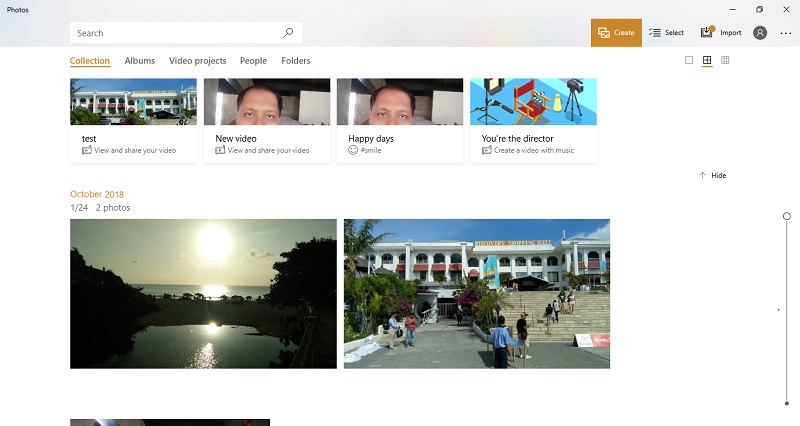 Microsoft photos app homepage