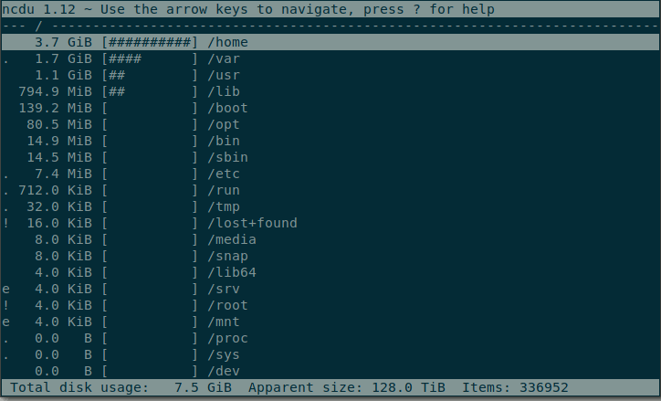 ncdu main interactive interface.