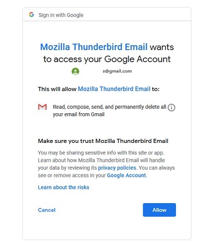 Thunderbirds Wants To Access Google Account