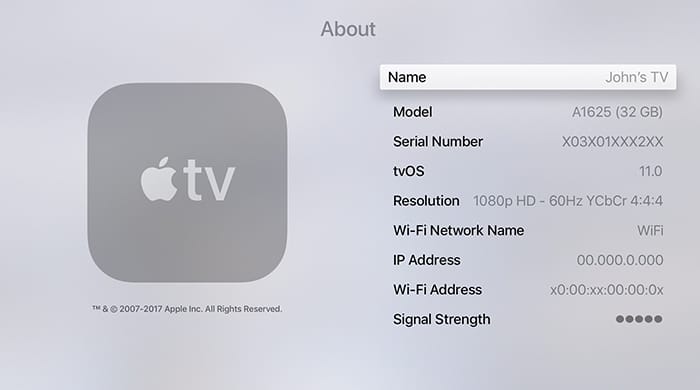 Tvos11 Apple Tv Settings General About