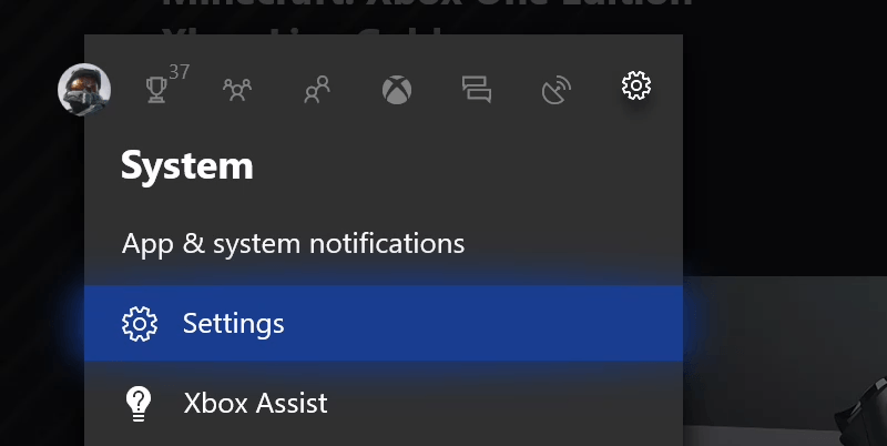 Xbox Guide Menu Settings Area
