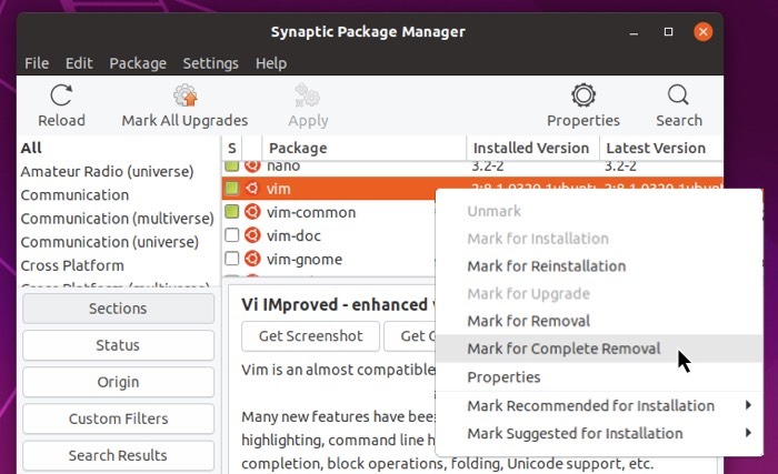 Completely Remove Linux Program Synaptic Mark Remove