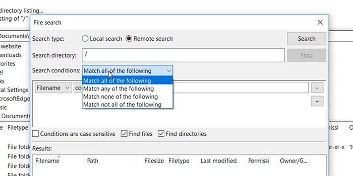 Filezilla Pro Search Tools Condition Selection