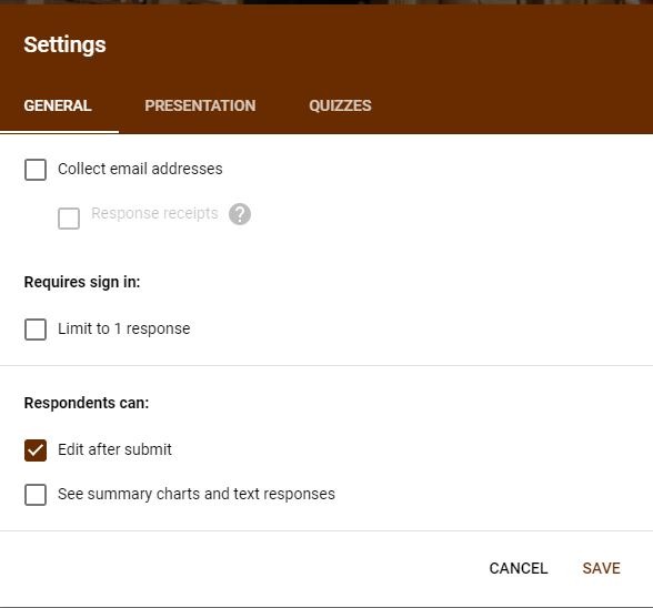 Google Forms Registration General Settings