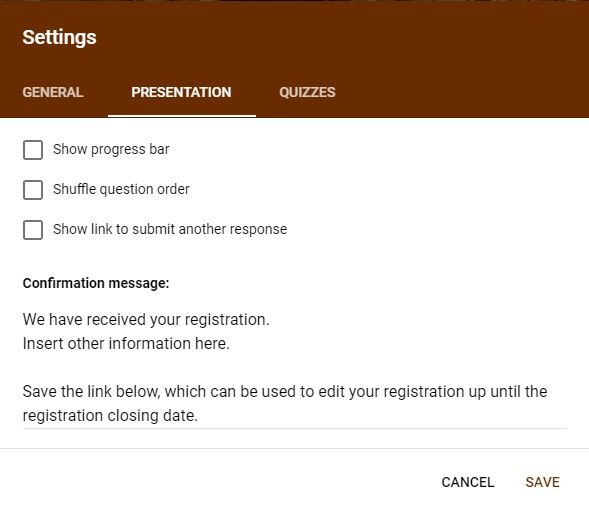 Google Forms Registration Presentation Settings