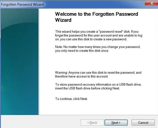 Forgotten Password Wizard Screen