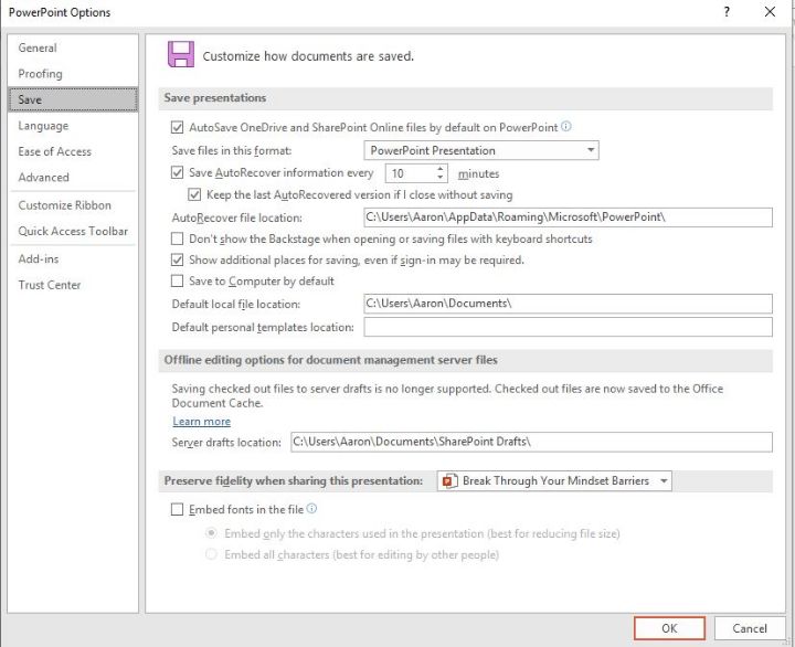 Reduce Size Powerpoint Embed Fonts Save Tab Untick