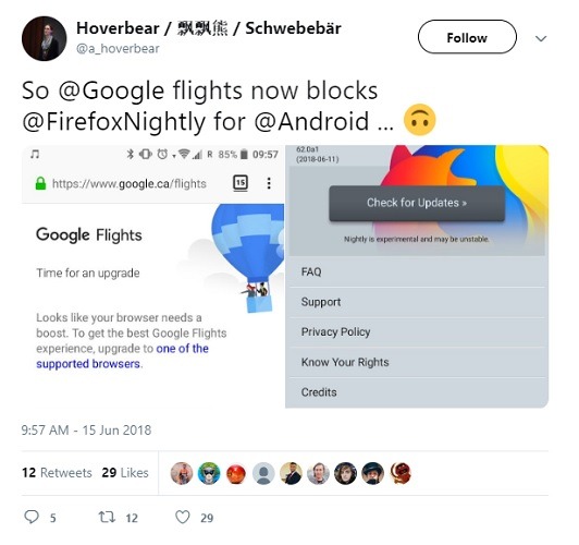 Tweet Google Flights Blocked Android