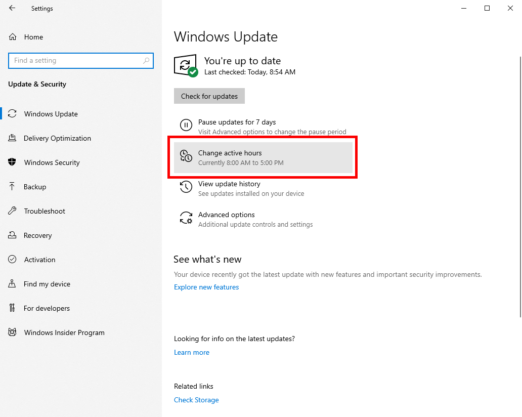 Win10 Options To Manage Click Change Active Hours