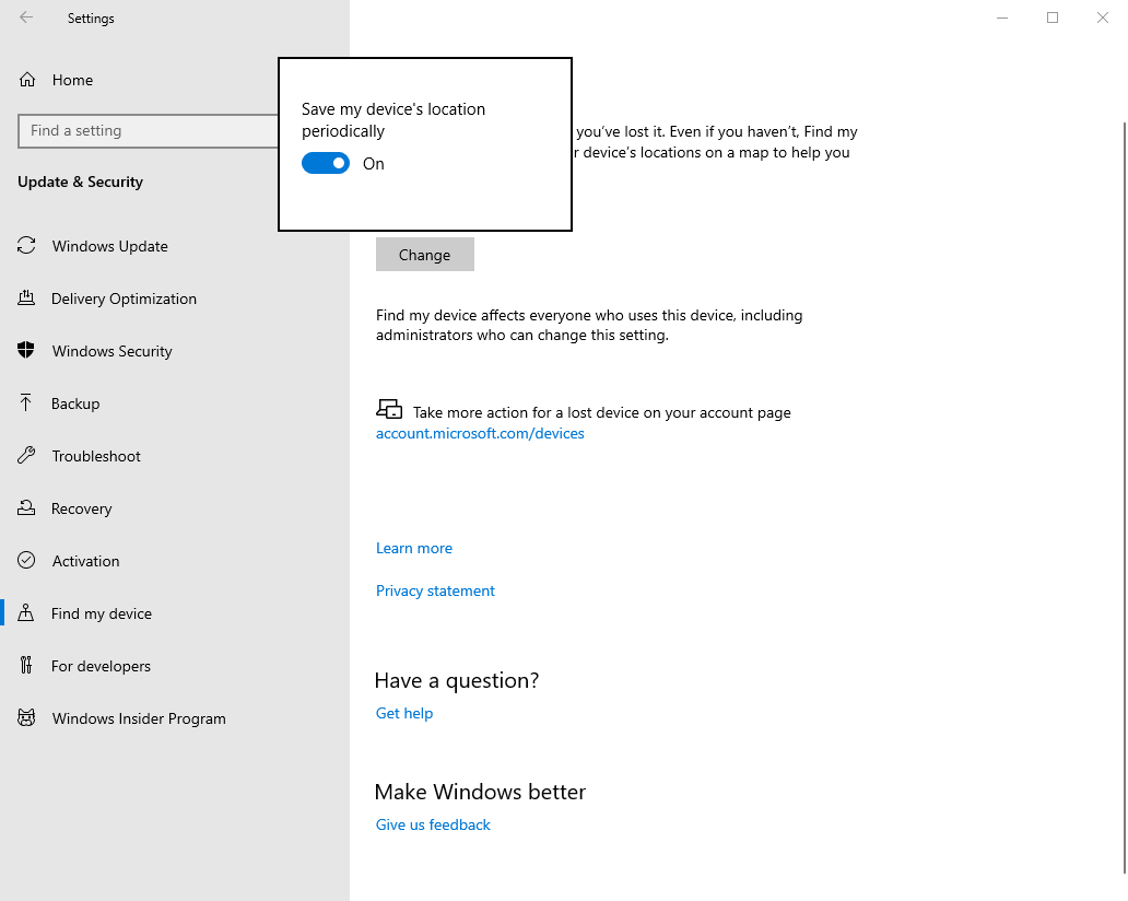 Win10 Options To Manage Enable Find My Device