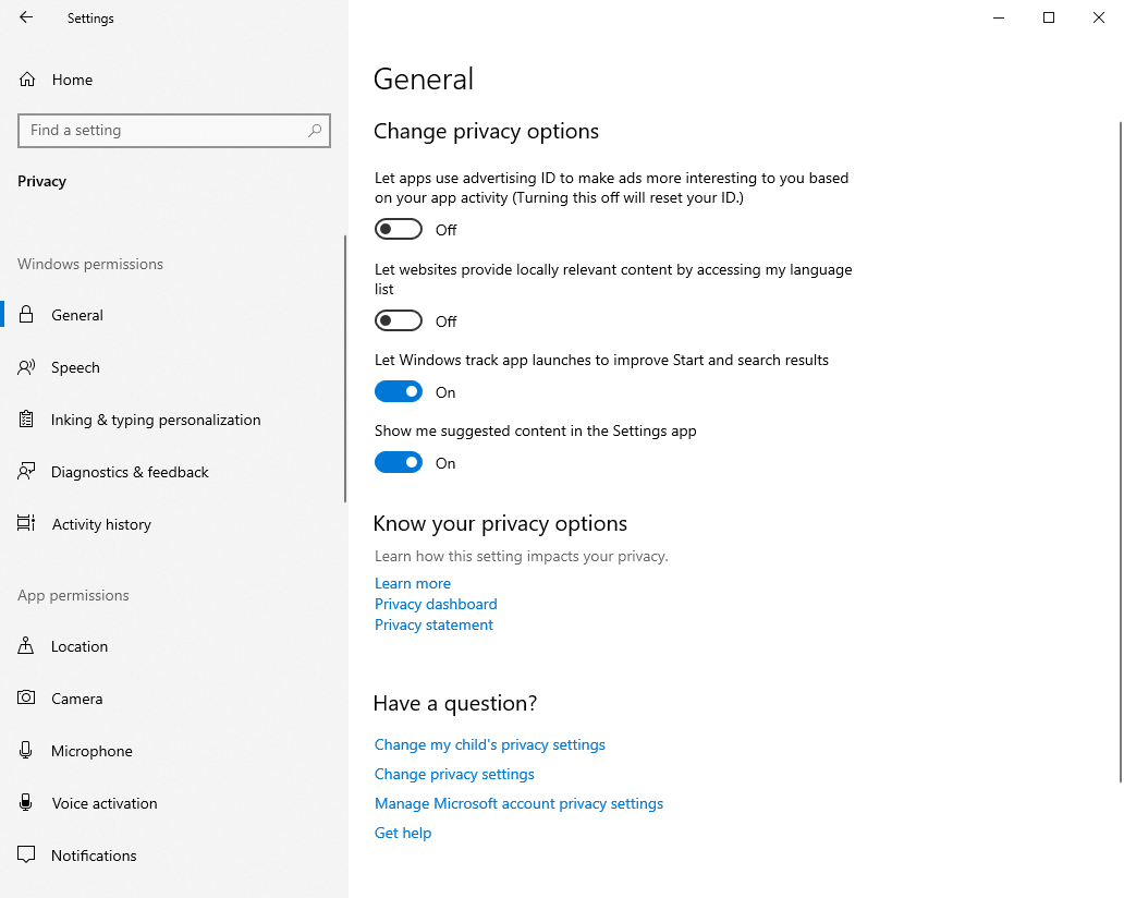 Win10 Options To Manage Privacy Options