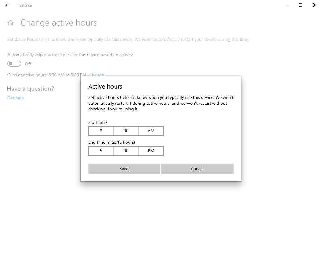 Win10 Options To Manage Set Active Hours