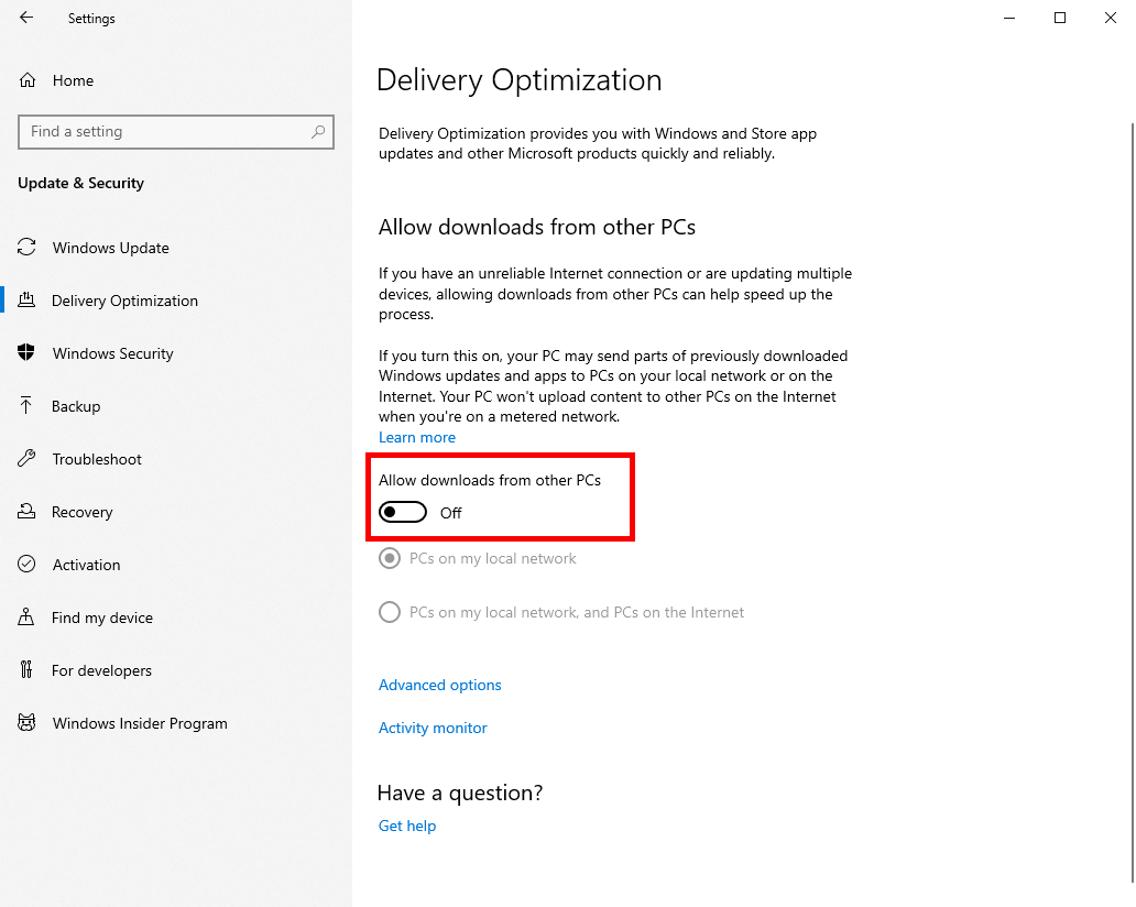 Win10 Options To Manage Turn Off Delivery Optimization