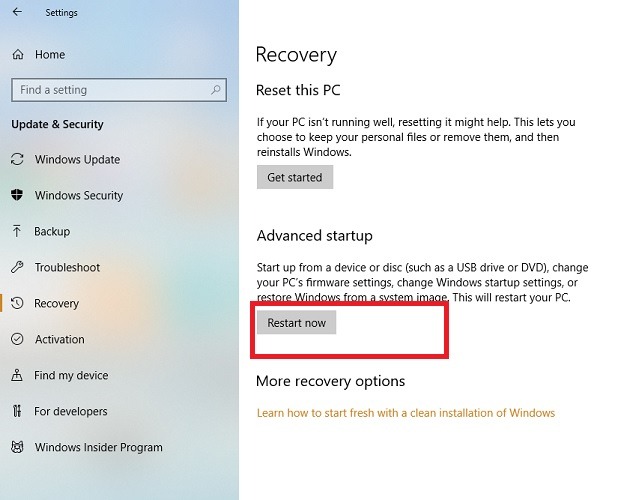 Advanced Startup Restart Now