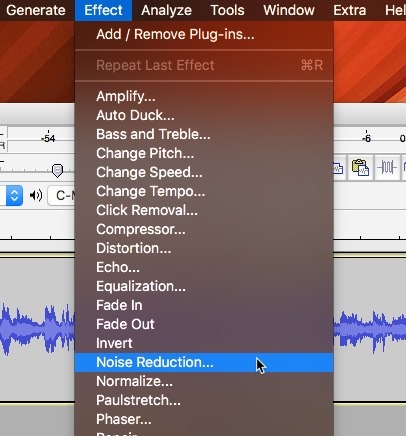 Audacity Noise Reduction Effect Menu Selection