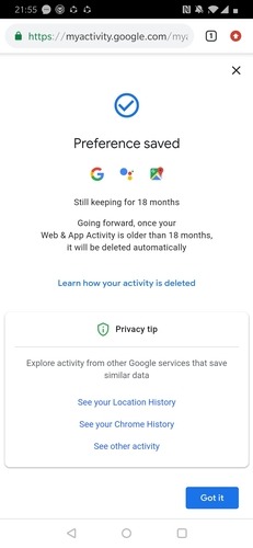 Chrome Web Activity Preference Saved
