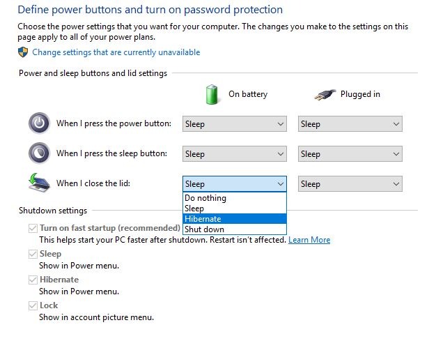 Hibernate Power Option Close The Lid Options