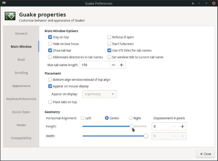 Guake Main Window Options